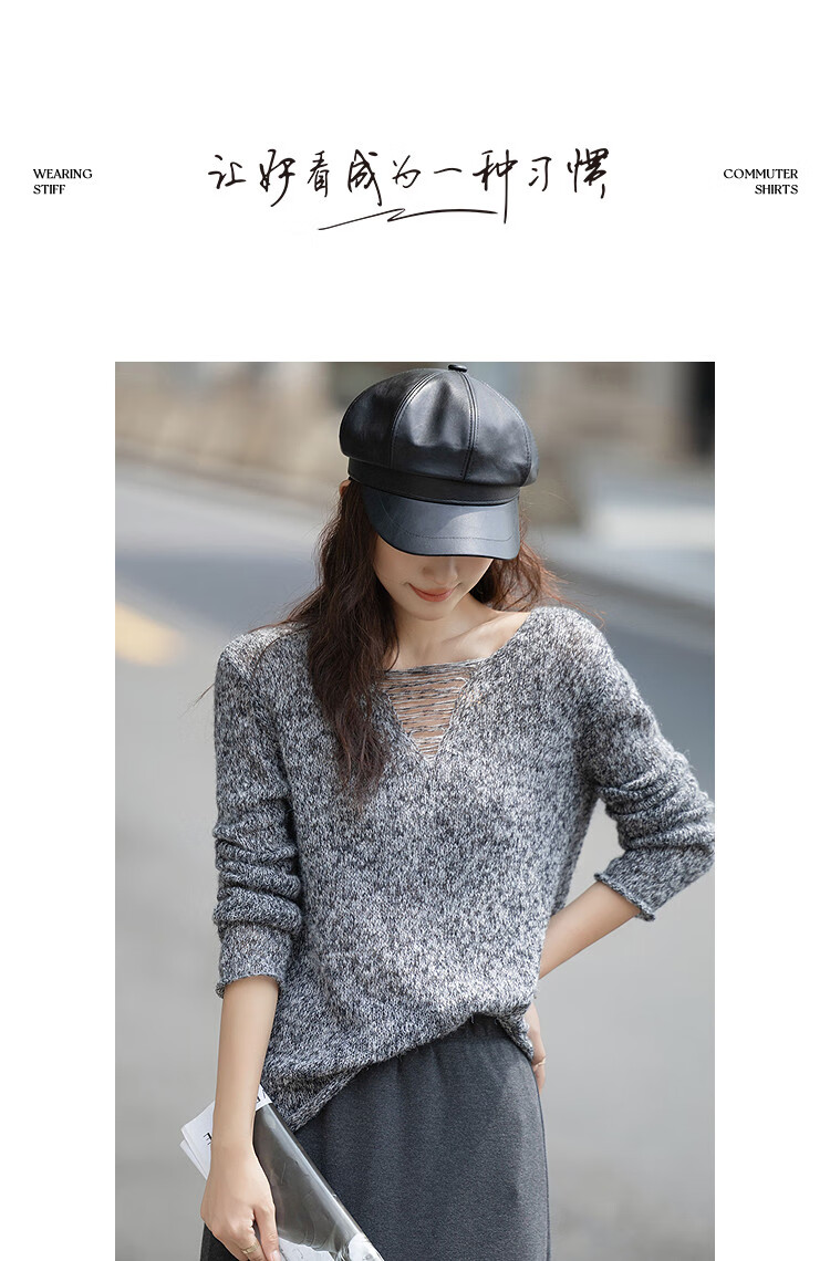 Dme [Containing Velvet-Like Merino Wool] Autumn Stylish V-Neck Sweater, Floral Yarn Petite Knit Top for Wome 1