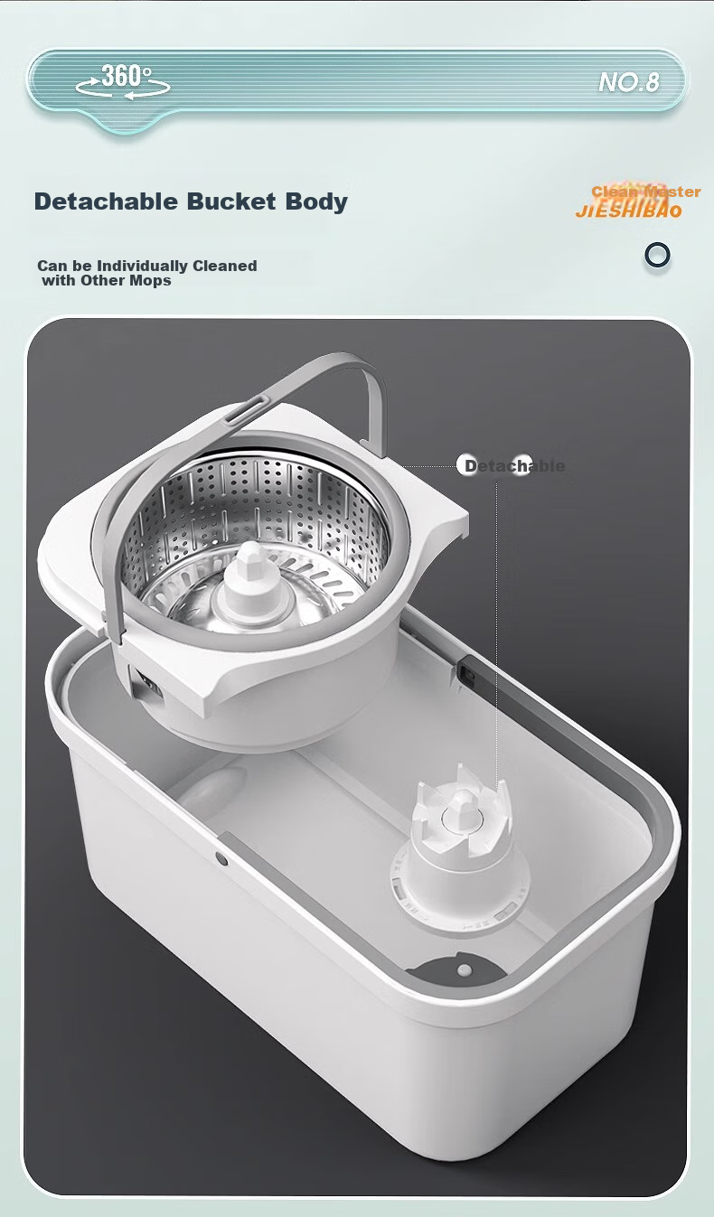 Jieshibao 42cm Rotating Mop Bucket Set with 5 Cloths, Hydraulic Rod, Hands-Free Washing, Dual-Drive Mop, Integrated Washing and Dehydration 6