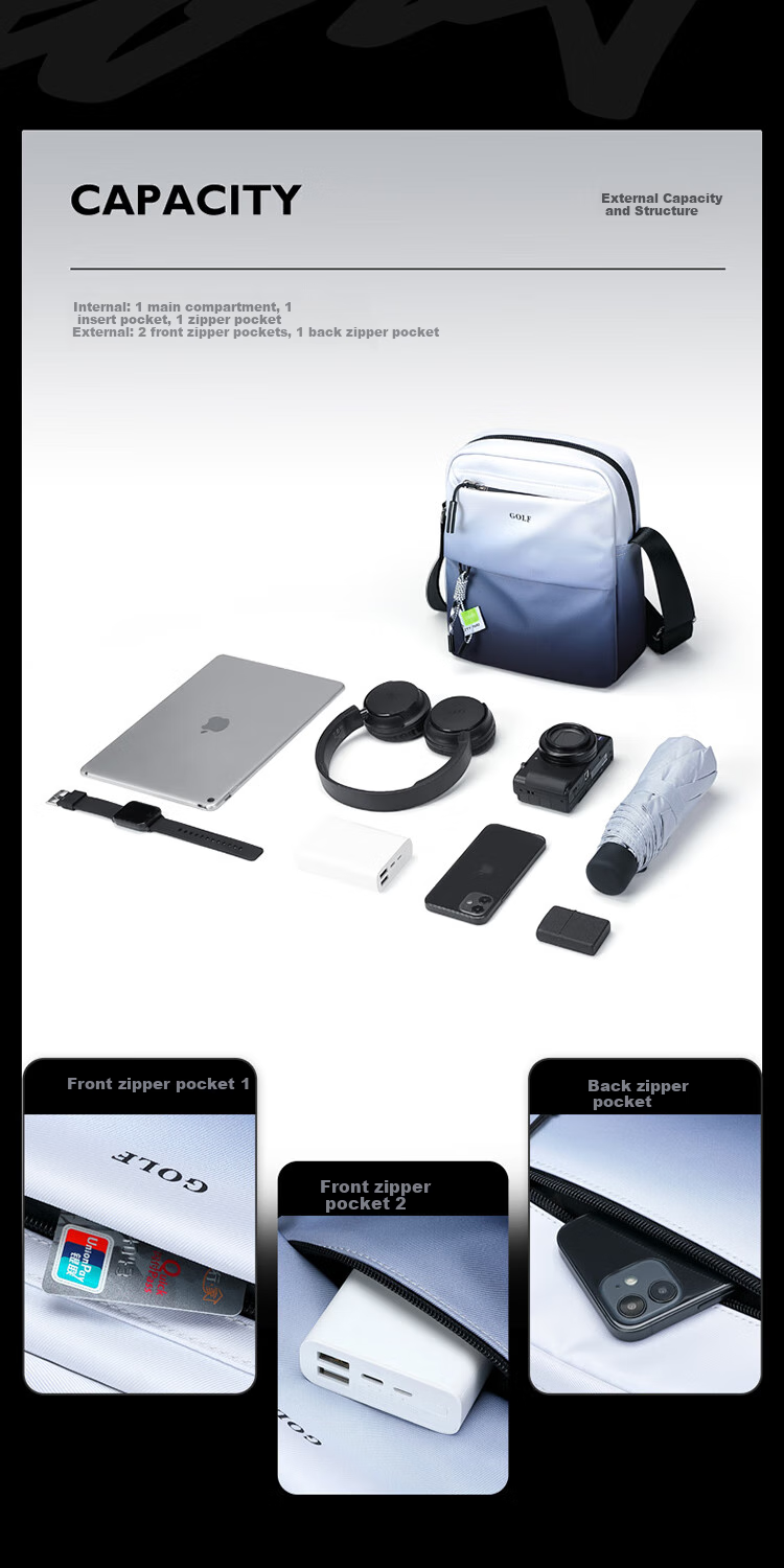 GOLF Shoulder Bag for Men And Women, Gradient Casual Sports Bag, Commuter IPad Phone Bag, Water-Resistant Travel Bag 10