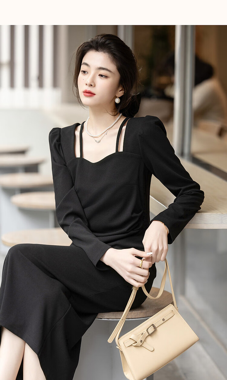 Demana Pure Desire Strap Design Spring Autumn French Style Square V Neck Waist Slimming Little Black Dress Knitted Twisted Linen Dress for Women 8