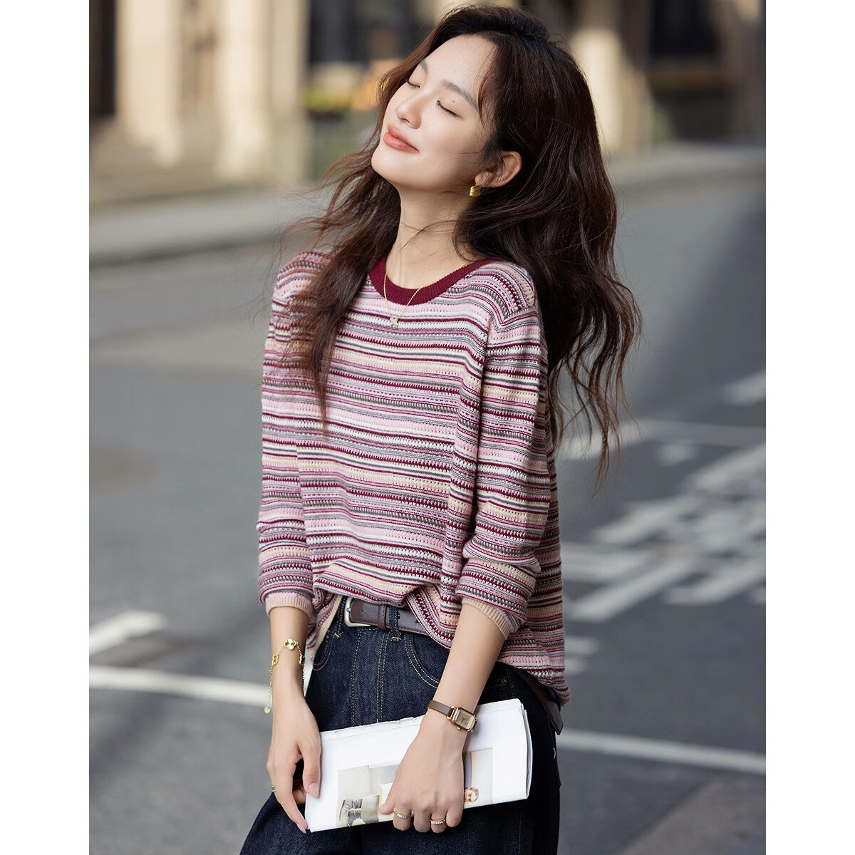 Demana Winter Vintage Crew Neck Colorblock Striped Jacquard Knit Sweater Loose Fit Wool Blend Women's Top