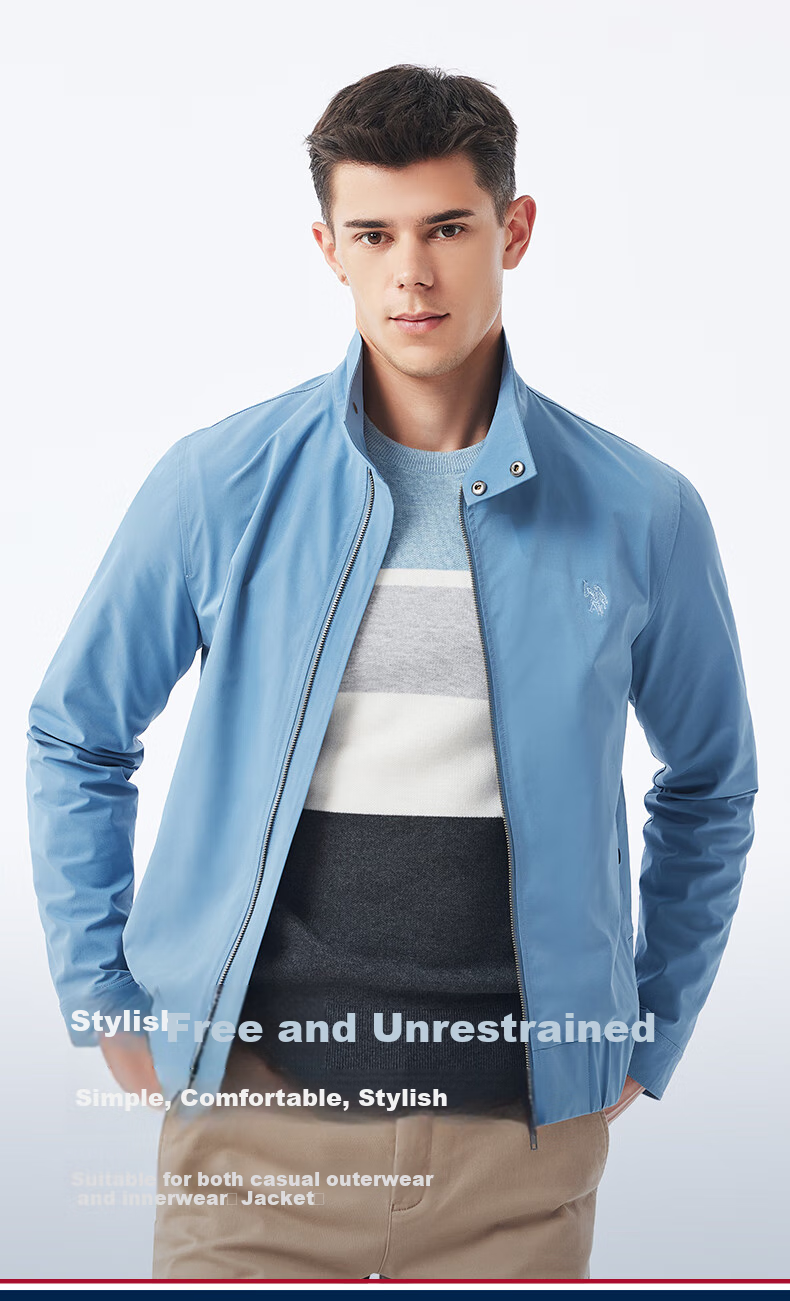 U.S. POLO ASSN. Mall-Matching Jacket for Men, Business Casual Stand-Collar Coat, Middle-Aged Men's Outerwear, Blue, 3XL 2