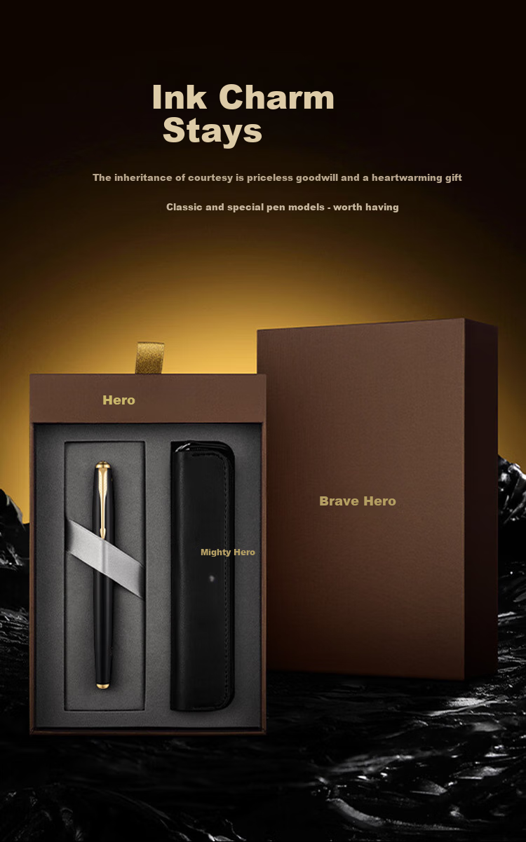 HERO Fountain Pen And Signature Pen E221 Ink Flowing Fragrance Gift Box, Mid-Autumn Festival, National Day, Birthday Gift for Men And Women, High-End Business Stationery Gift, Glossy Black with Gold Clip 9