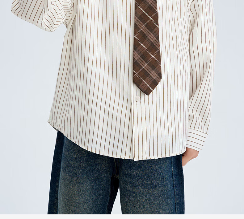 Luomeng Children's White Base Coffee-Colored Long-Sleeve Striped Shirt, Boys' Preppy Style Casual Versatile Spring And Autumn Shirt, White, Size 170 15