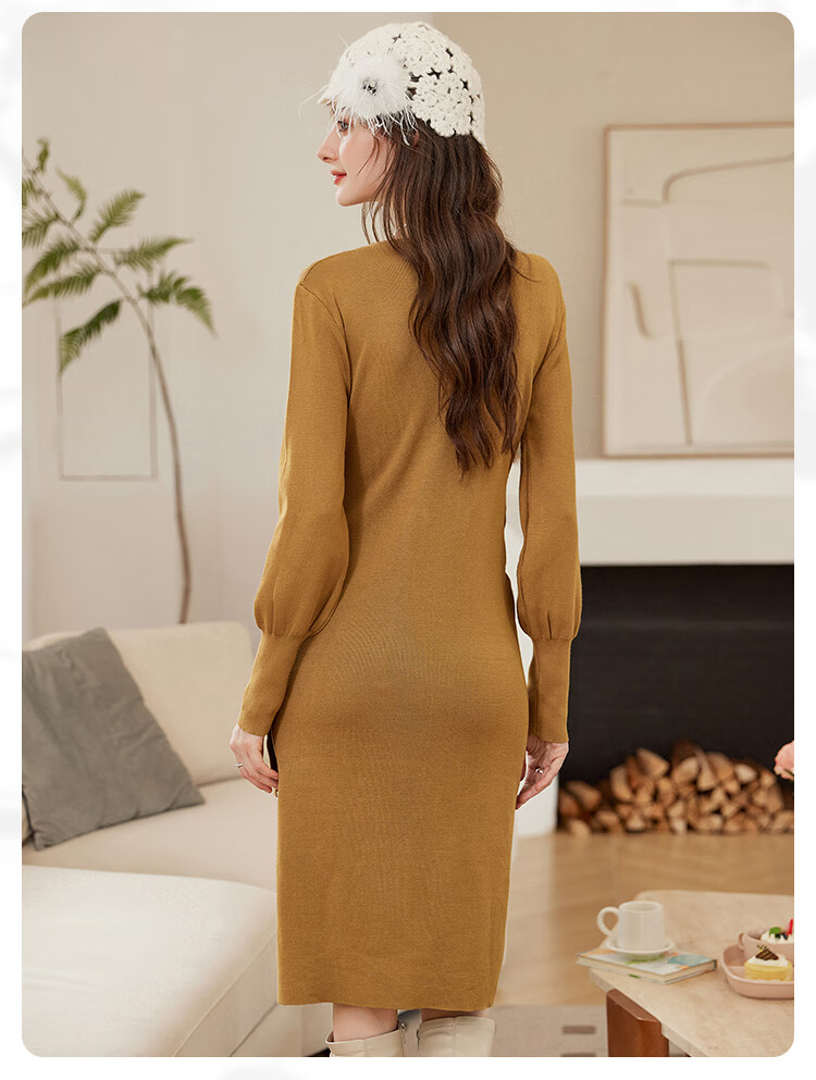 LOUISYAO Spring Autumn V-Neck Tie Design Slim Fit Slightly Stretchy Mid-Length Elegant Knit Dress Dark Coffee S 7