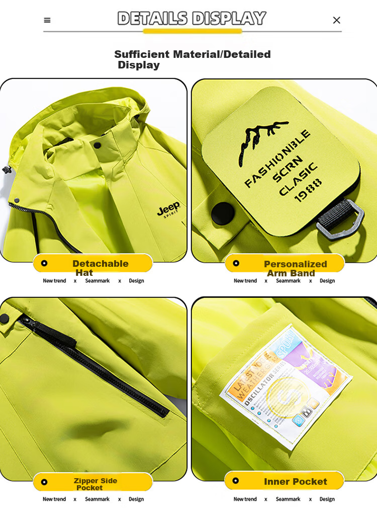 JEEP SPIRIT Men's Spring And Autumn Jacket, Casual Waterproof Sports Hiking Coat for Couples, Fluorescent Green, Size L 7