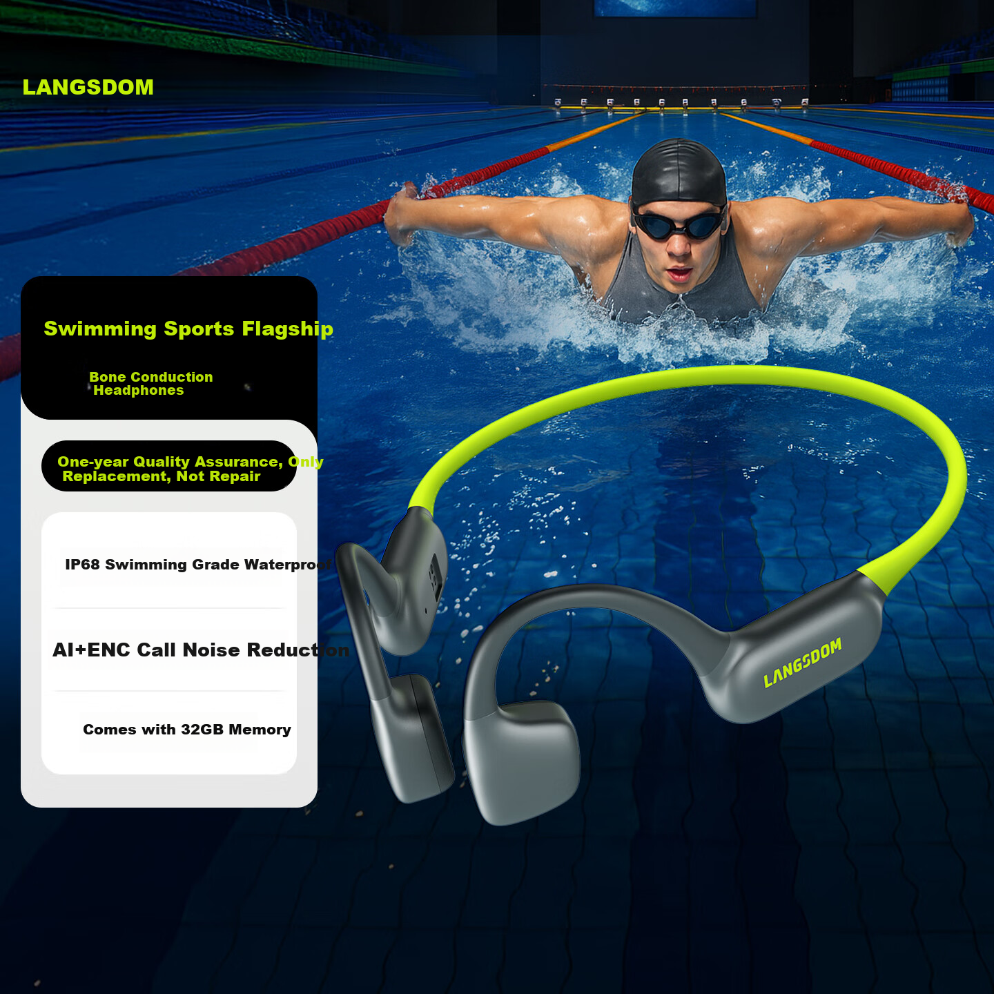 Беспроводные наушники Lanshidun AirSwim Neo с костной проводимостью, водонепроницаемые, Bluetooth 6.0, 32 ГБ памяти, для плавания, бега, езды на велосипеде