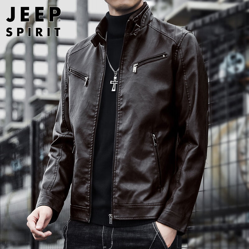 JEEP SPIRIT Men's Leather Jacket Autumn Winter Loose Fit Stand Collar Biker Leather Jacket Coffee 3XL