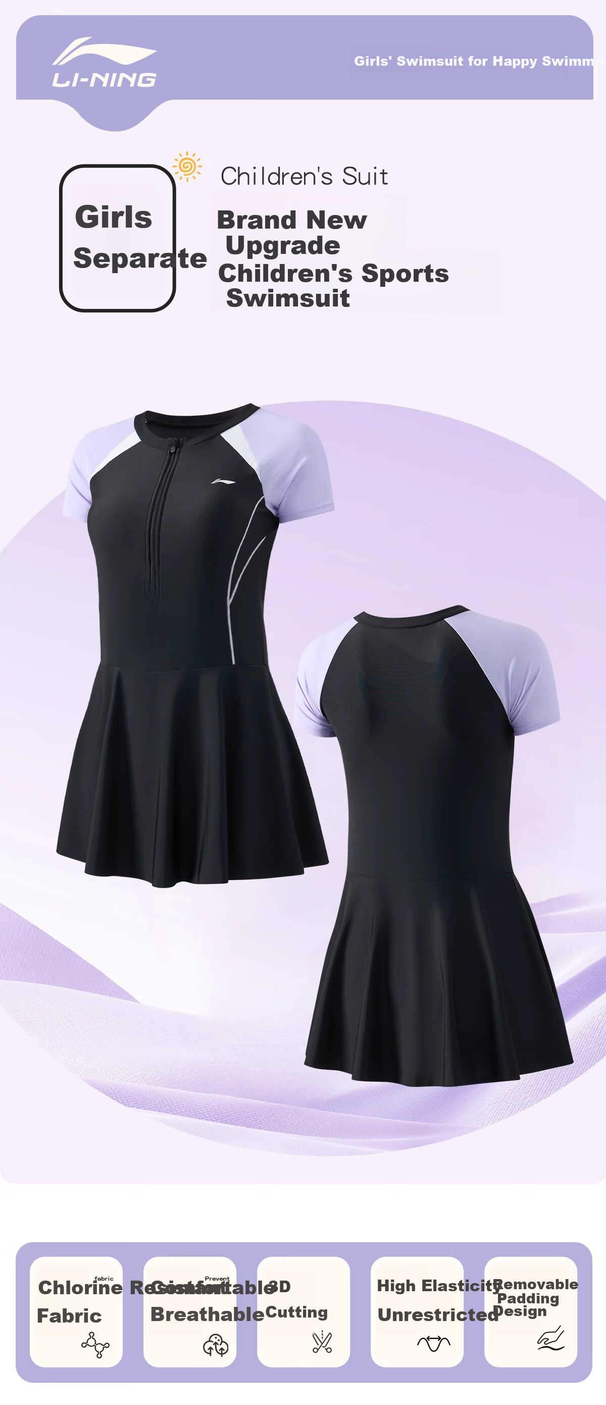 Li-Ning Girls' Swimsuit for Older Children, Middle School Students, 2025 New Style One-Piece Swimwear with Chest Pads for Hot Springs And Swimming for Older Girls 1