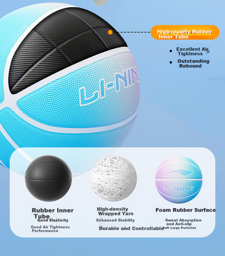 Li-Ning Basketball, Size 5, for Children in Kindergarten And Elementary School, Indoor And Outdoor Use, Youth Training, Suitable for Ages 3-6 Blue Ball Gift 9