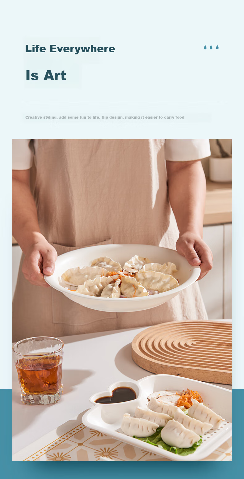 Xingfang Dumpling Plate, Double-Layer Draining Plate, Round Dumpling Plate with Vinegar Dish, Compartmented Snack Plate 5