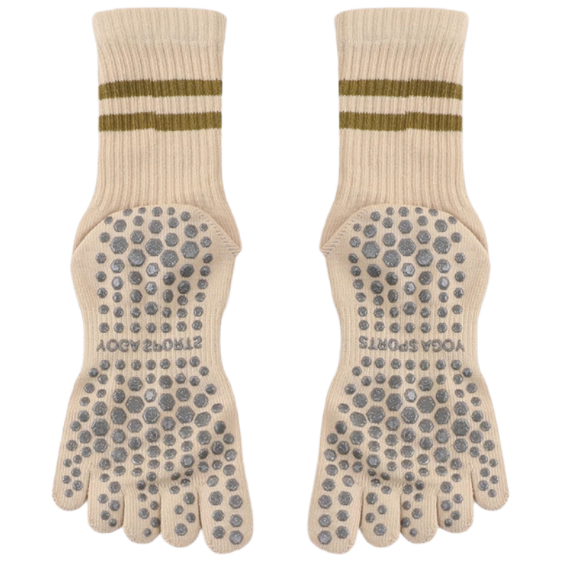 Duweike Yoga Socks, Professional Non-Slip Five-Toe Socks for Pilates, Indoor Flooring Exercise, Dance, Khaki, 2 Pairs
