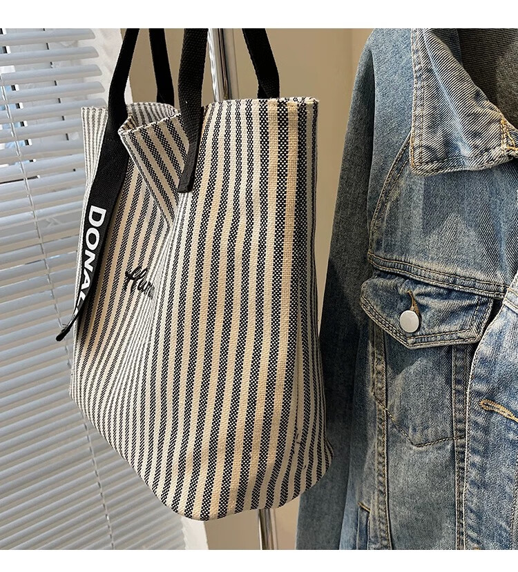 Kelorock Striped Large Capacity Canvas Bag for Women 2025 New Fashion Handheld Shoulder Shopping Tote Casual Commuter Bag 3
