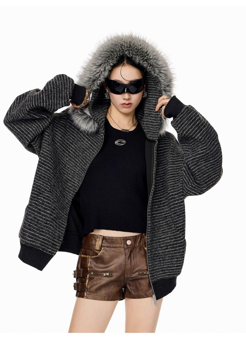 ICH MODE Women's American Style Hooded Striped Jacket with Fur Collar Autumn Winter New Zip-up Sweatshirt Cardigan Black M 4