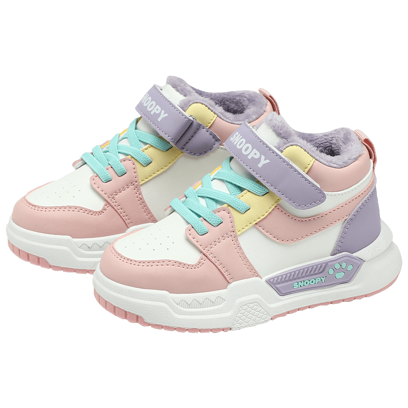 SNOOPY Kids' Winter Warm High-Top Sneakers for Boys and Girls, Model 7957, White Pink Purple, Size 32