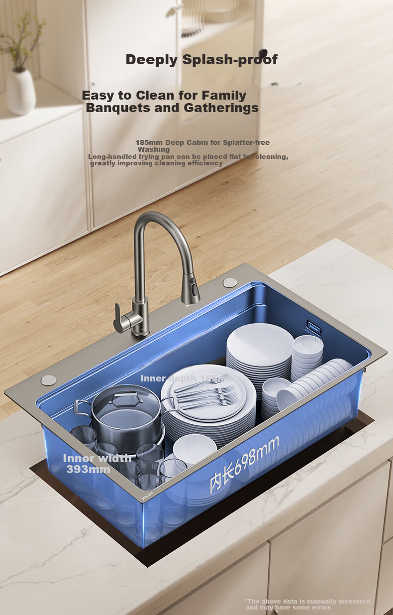 ARROW Kitchen Sink Gun Gray Nano Wide-Edge Large Single Bowl, Integrated Undermount Sink for Kitchen, Dishwashing And Vegetable Washing Table 14