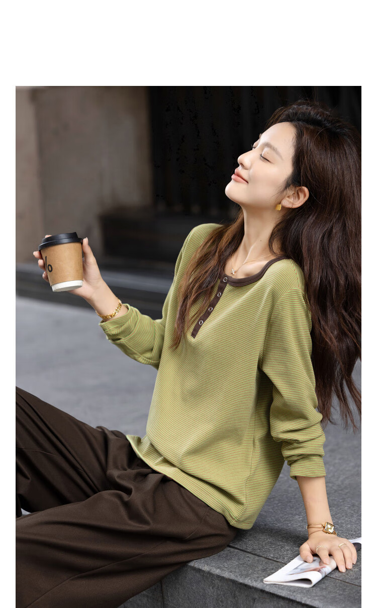 Demna【Retro Light Travel】Winter Simple Design Splicing Contrast Color Round Neck Striped Stretchy T-shirt for Women with Tummy Control 2