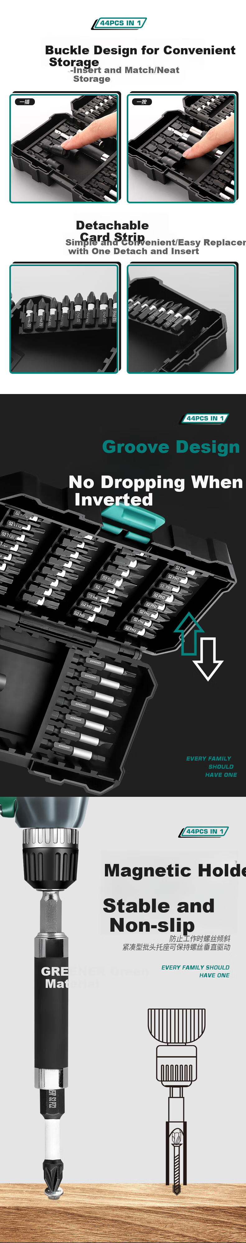 GREENER 44-Piece Cross Impact Screwdriver Bit Set with Magic Box Kit for Home Use, Hexagonal, Torx, Electric Drill, Versatile Impact Driver 5