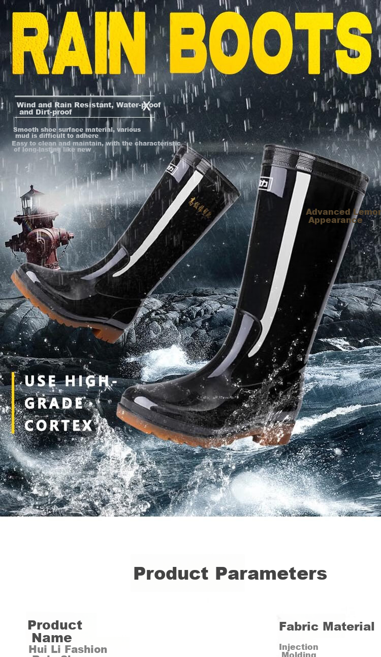 Huili Men's Stylish Rain Boots, Water Shoes, Outdoor Waterproof Non-Slip Wear-Resistant Comfortable Overshoes HL857 High-Top Black Size 40 1