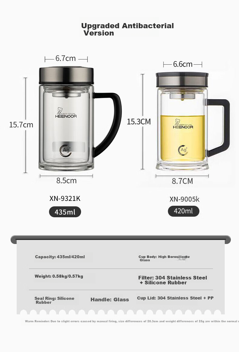 Heenoor Antibacterial Glass Cup, Double-Layer with Handle, Tea Infuser Mug for Men, High-Quality Water Cup, Mid-Autumn Festival Gift XN-9321KT 2