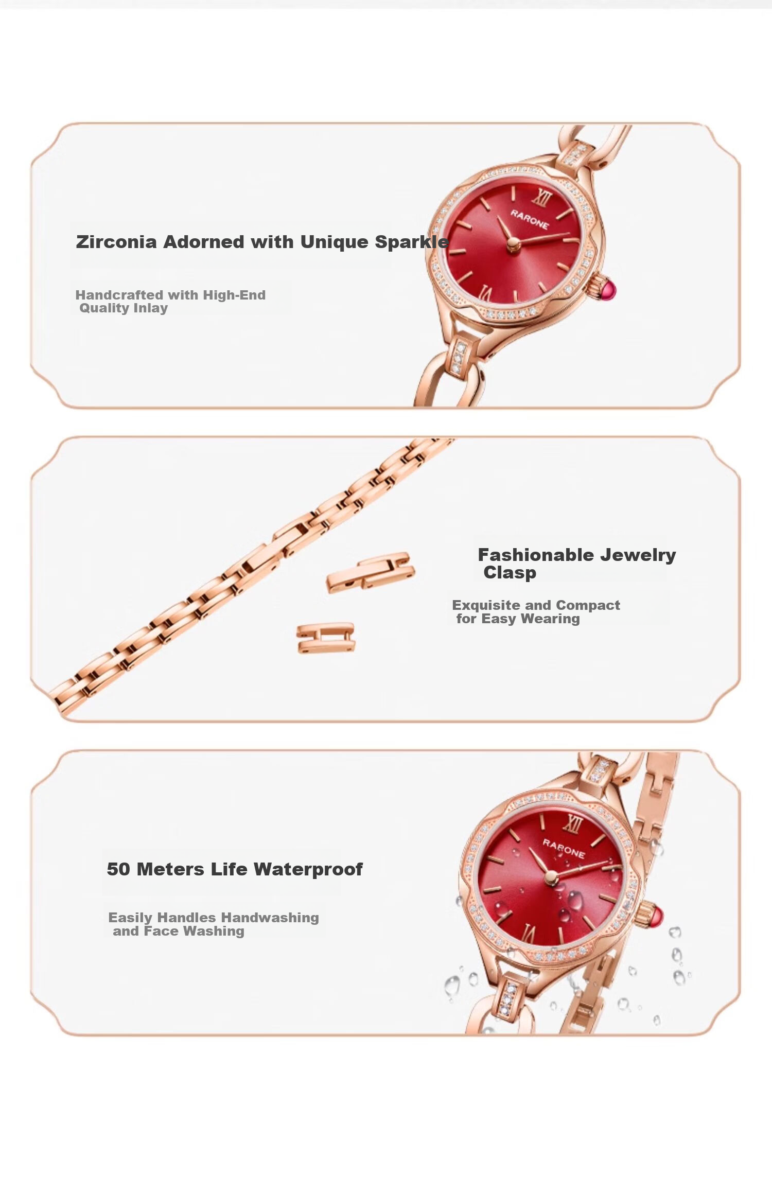 RARONE Slim Waist U Women's Watch, Cherry Pink Bracelet Wristwatch, Quartz Steel Strap, Birthday Gift for Girlfriend 8