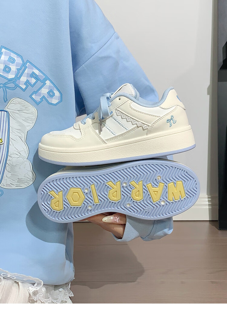 Warrior Korean Style Versatile White Sneakers for Women, New Fleece-Lined Shoes for Female Students, Off-White and Light Blue, Fleece-Lined, Size 36 (Runs Small) 2