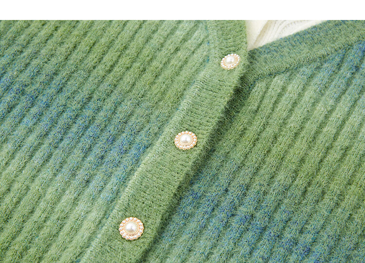 Demana Wool Blend Gradient Dye Cardigan Autumn Two-Piece Look Colorblock V-Neck Sweater with Decorative Buttons for Women 3