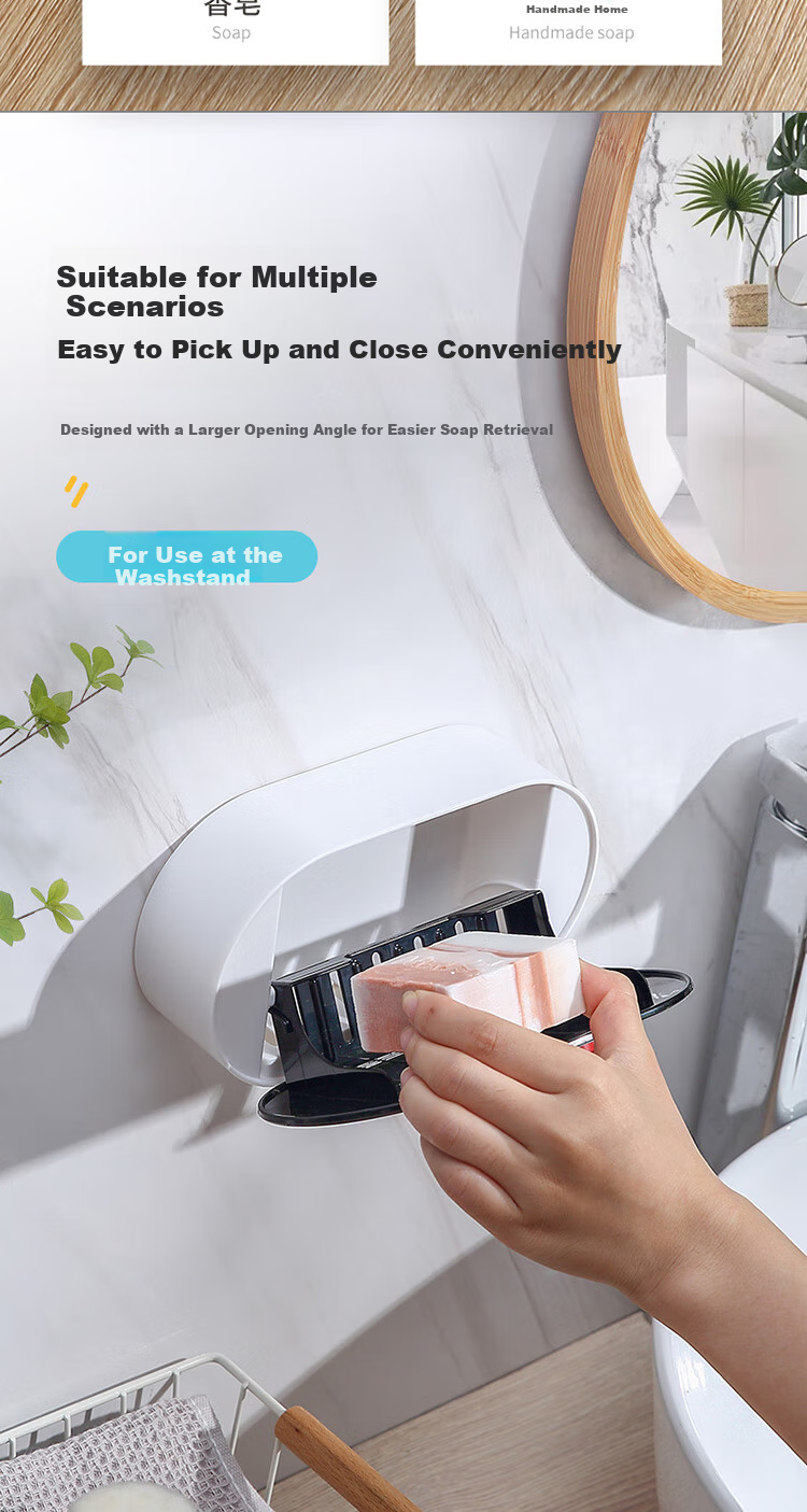 Ecoco Wall-Mounted Soap Dish with Flip Lid, No Drilling Required, ABS Material, Bathroom Storage Rack with Drainage, High-End Black Desig 6