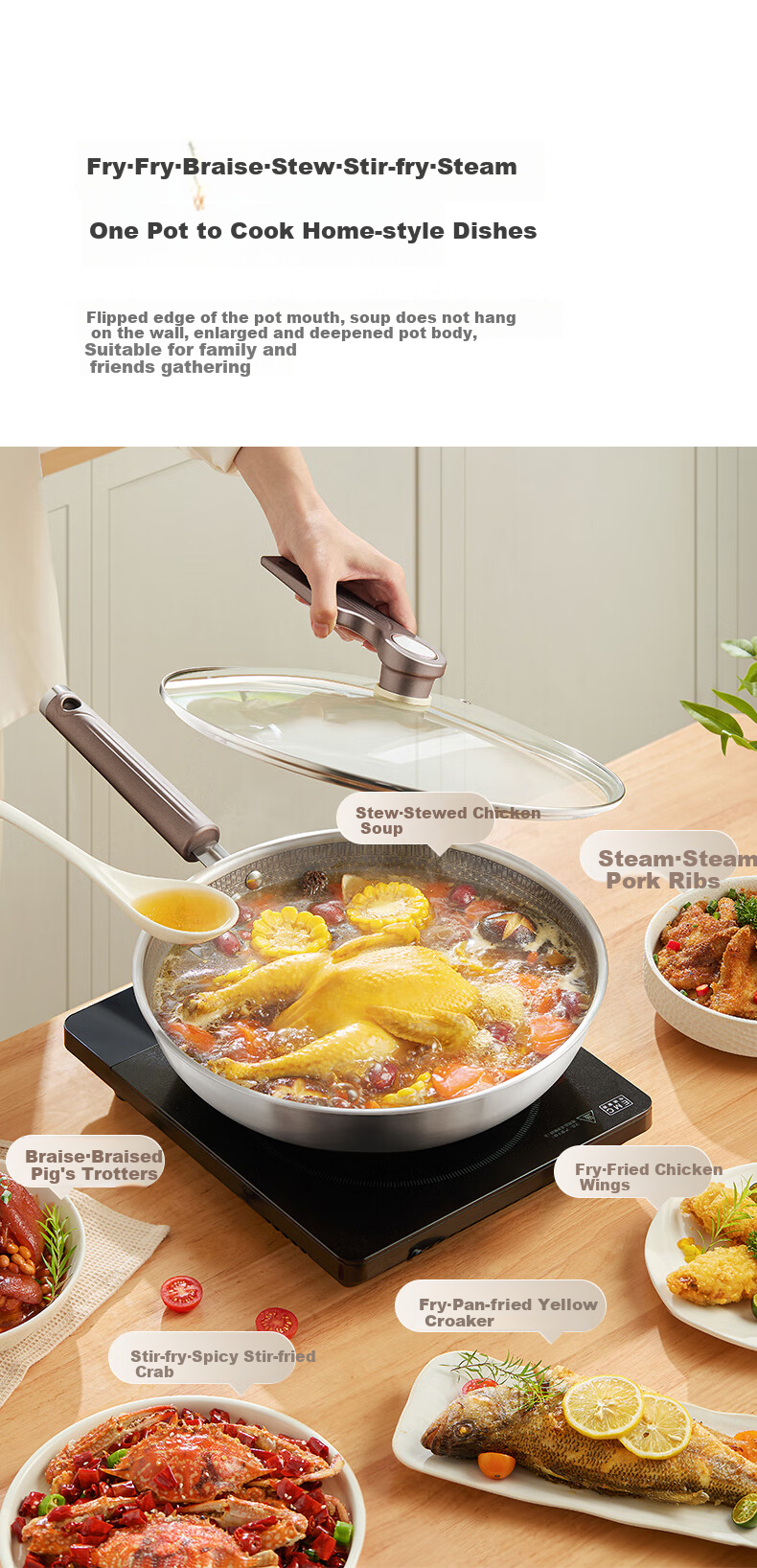 Midea Non-Stick Wok, Stir-Fry Pan, Induction Cooker Compatible, 304 Stainless Steel Pot, Gas Stove Ceramic Pan, Zero Fluorine Snowflake Non-Stick Core 22