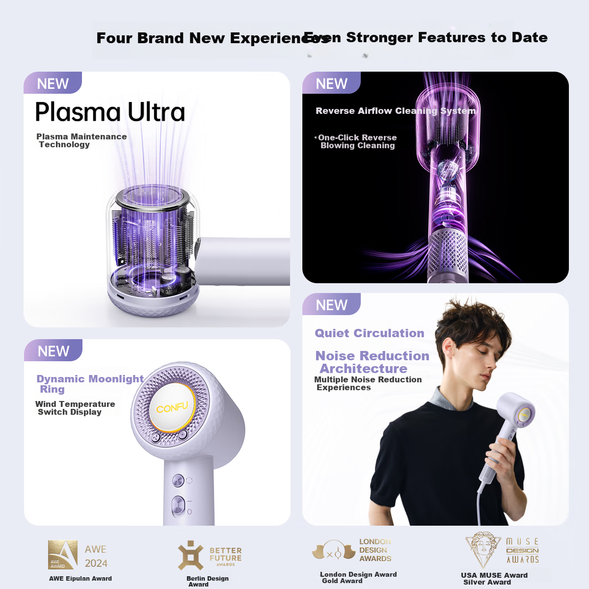 Фен CONFU F9Pro Yulait Purple, 1900 Вт, 50 миллиардов плазменных ионов, защита волос, бытовое использование, быстрая сушка, фиолетовый