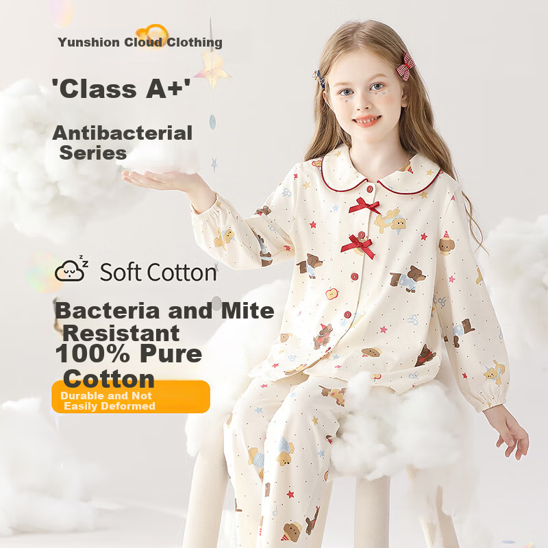 Yunxiangyi Girls' Autumn Pajamas, Class A Antibacterial Pure Cotton Star Party Dog Pajama Set, Size M