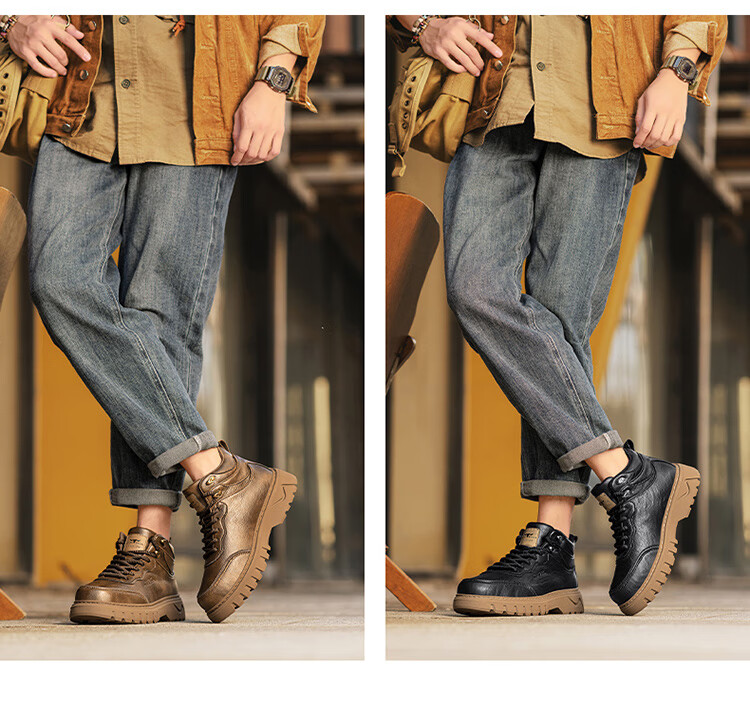 Bull Family Martin Boots Men Autumn Winter Retro British Work Boots High Top Lace-up Casual Short Boots Men's Thick Sole Height Increasing Boots 6