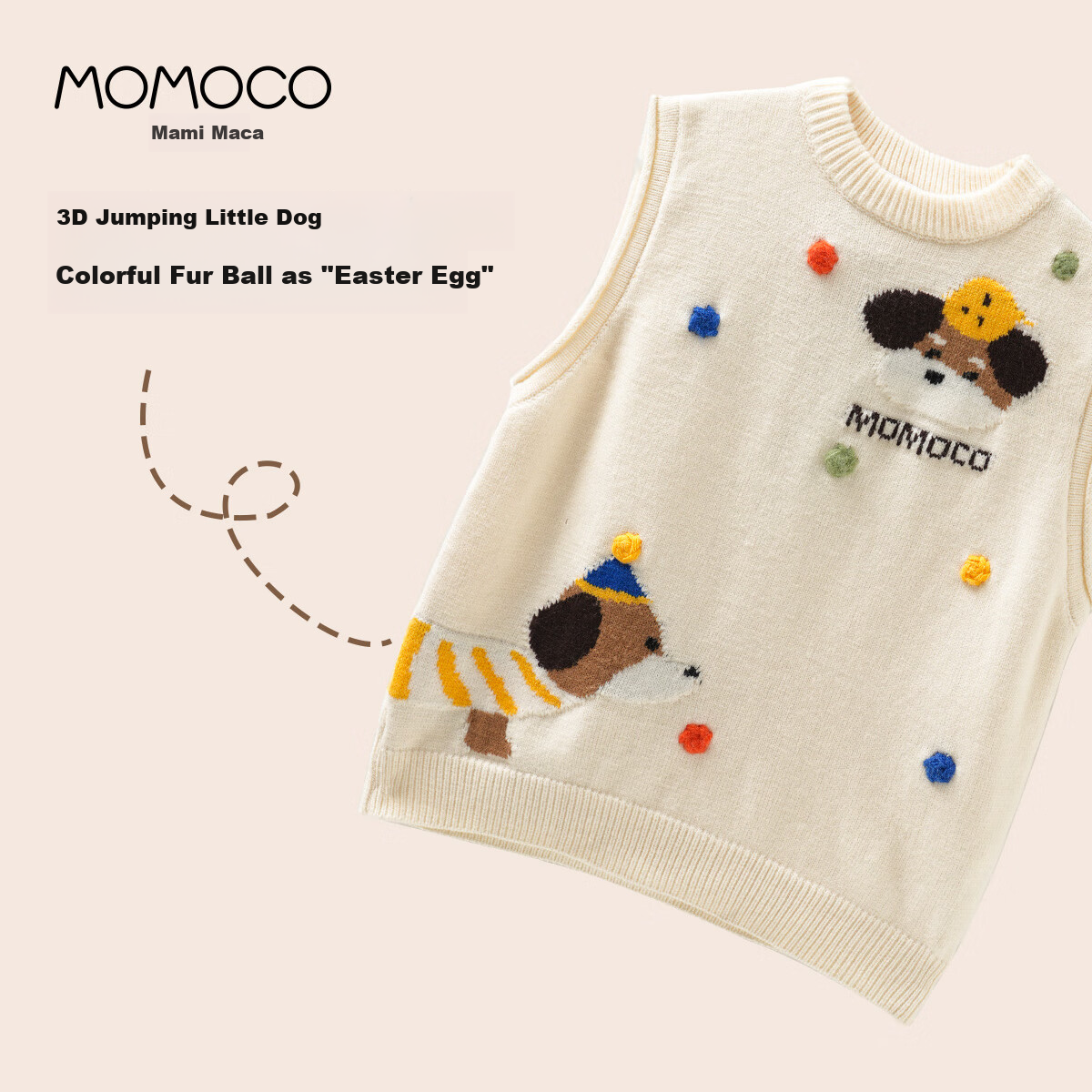 MOMOCO Girls' Vest Jacket Inner Wear Base Layer Outer Wear Stylish Sweet Cartoon Knitted Vest, White Apricot Color, Size 105