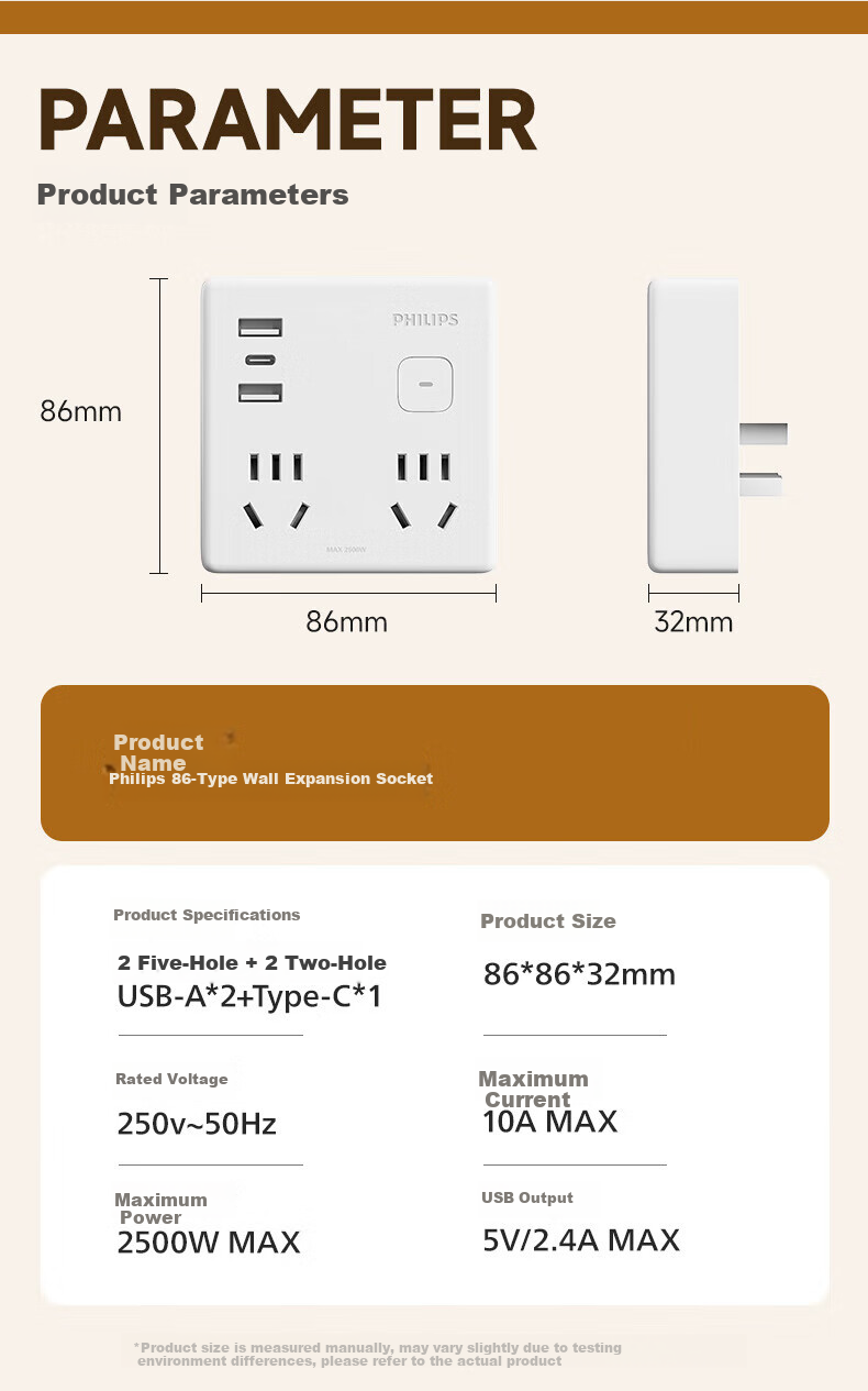 PHILIPS Mini USB Socket Expander 12W 1A1C Converter 3-Outlet Extension Socket Dorm Wall Bedside Multi-Function Wireless 1-to-5 Socket Adapter 9