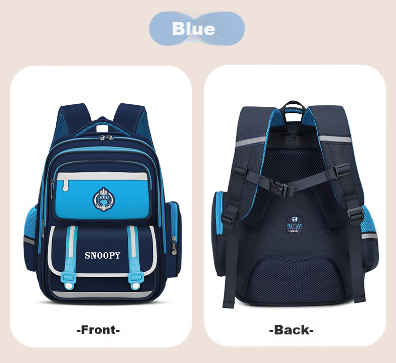 SNOOPY Elementary School Backpack, British Style Large Capacity Girls' School Bag for Grades 3-6, Blue Large Size 19