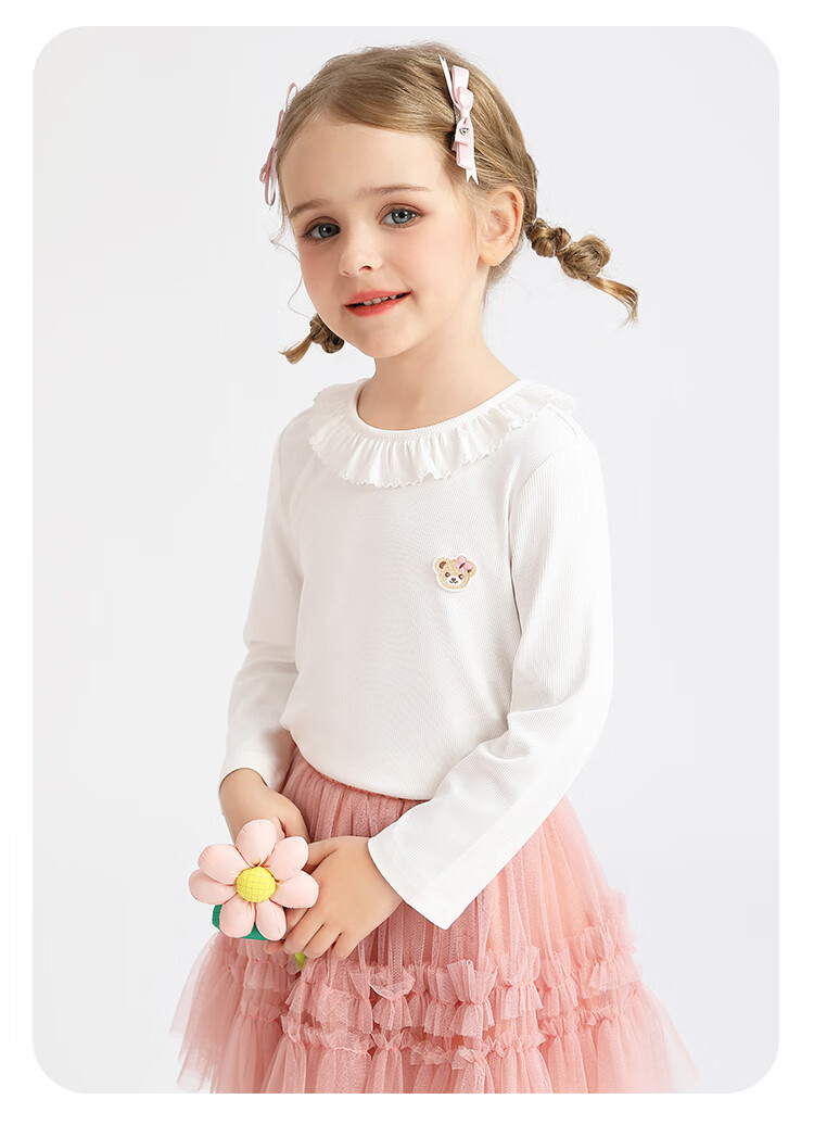 Classic Teddy Girls' Long Sleeve T-Shirt with Lace Collar, White, Size 130 15