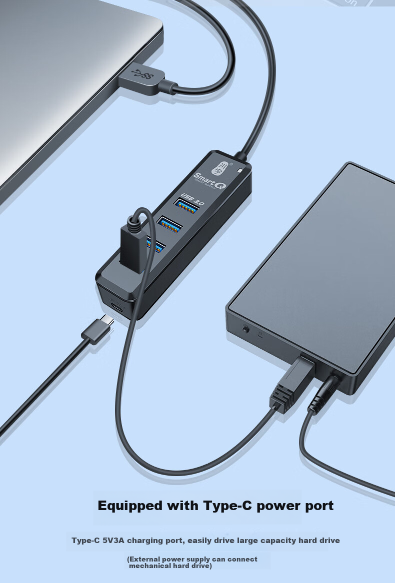 Chuanyu USB3.0 Hub Expansion Dock, High-Speed 4-Port Hub Expansion Dock, Laptop Adapter Converter Extension Cable 100cm with Type-C Power Supply 3