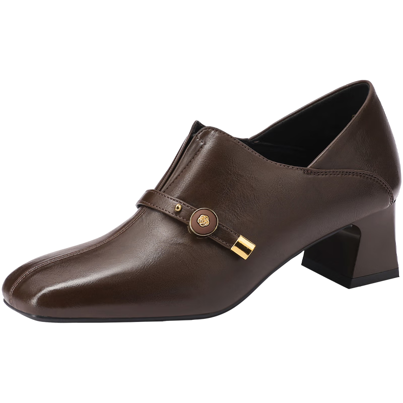 MULINSEN Women's Comfortable Commuter Leather Shoes Versatile Square Toe Low Heel Mom Shoes Brown Size 37