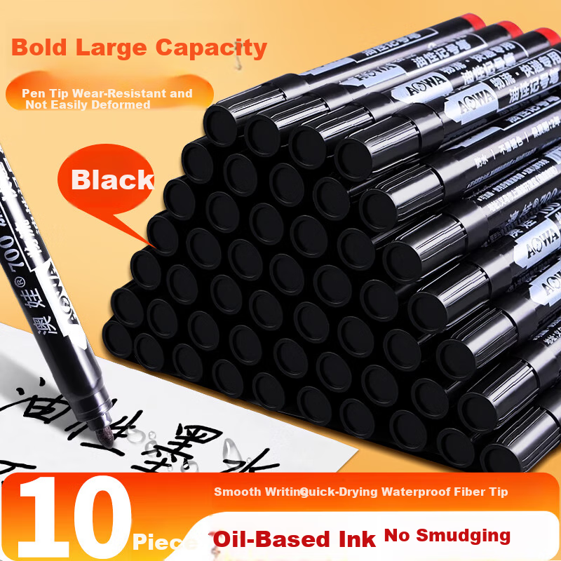 Aowa Marker Pens, Large Tip, Thick Head, Oil-Based, High Capacity, Express Delivery Warehouse Office Supplies Stationery, Quick-Drying, Waterproof, Colorfast, Logistics Special, Exam Pen, Signature Pen, 10 Pcs Black