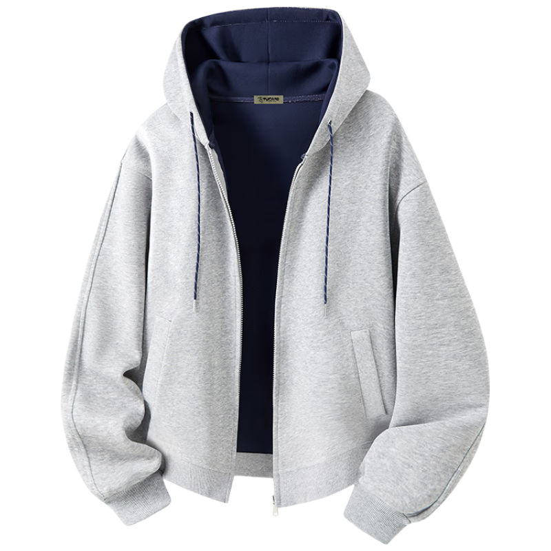 TUCANO Men's Hoodie Jacket Spring Autumn Heavyweight Loose Casual Colorblock Zip-up Light Gray 2XL