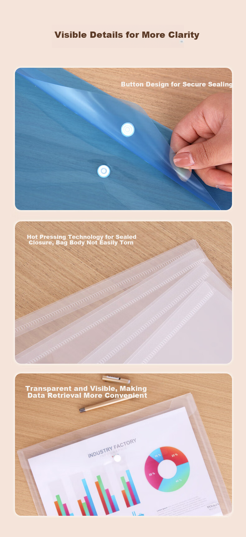 Youbili A4 Button File Folder, Button Document Folder, Clip File Folder, Transparent A4 Button Folder Thickened Waterproof (20 Pieces/pack) 1351 White 5