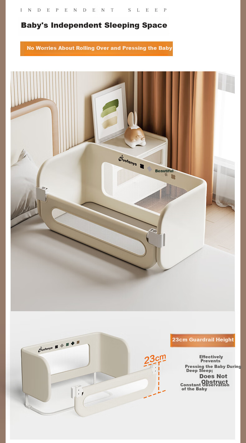 Nuofanya Baby Anti-Fall Guardrail, Crib Bumper, 1.8m Cream White Gold Color [No Barrier], One Side 6