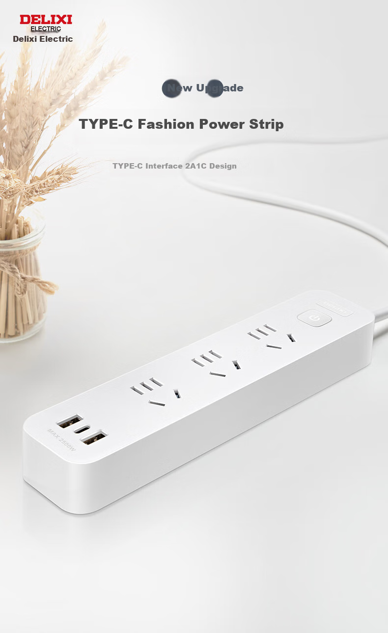 Delixi GaN 30W Desktop Charging Station Fast Charge Power Strip USB Extension Board Student Dormitory Home Portable Power Strip 2A2C+3 Combo Sockets 1.5m Cable with Master Switch 1