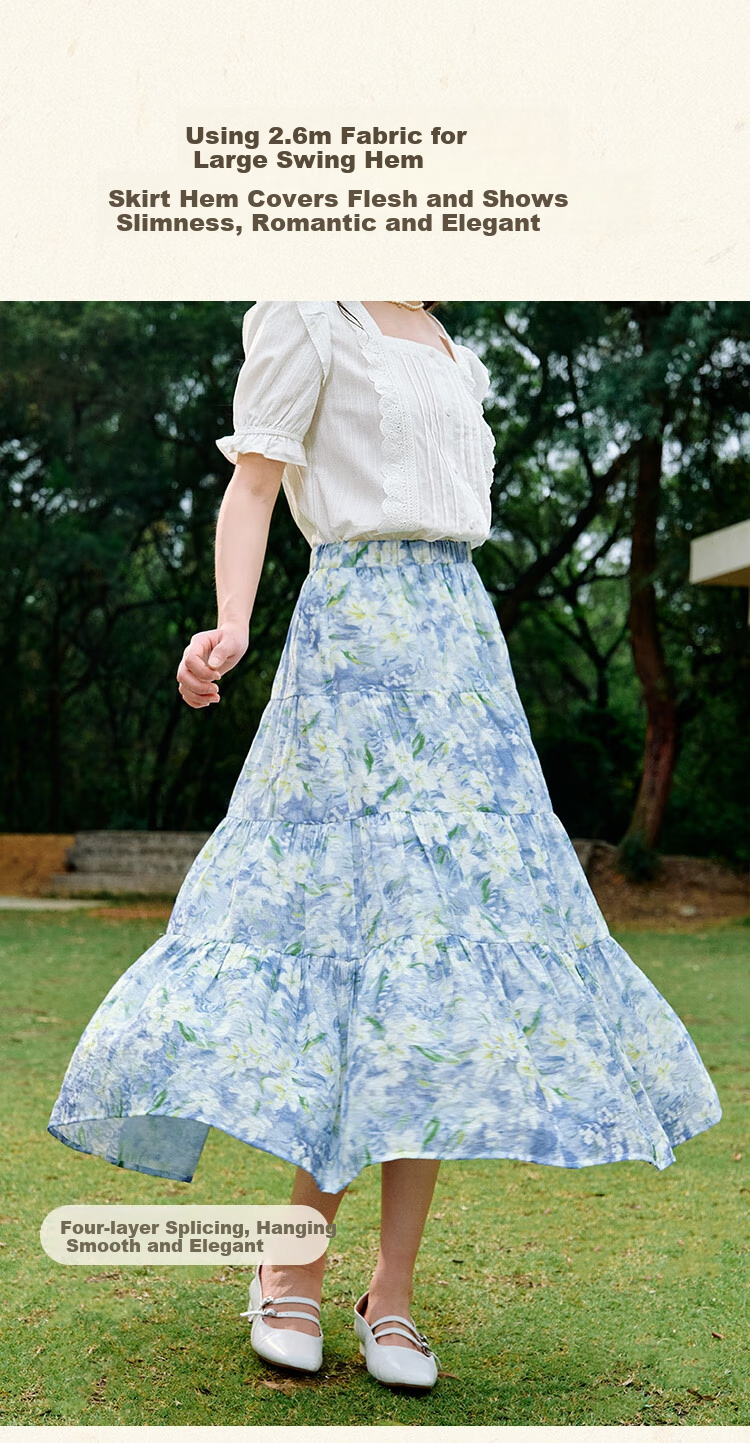 Inman Vacation Style Seaside Print Dress Summer Women's Square Neck Puff Sleeve Waist Cinched Long Dress Glaze Blue M 4