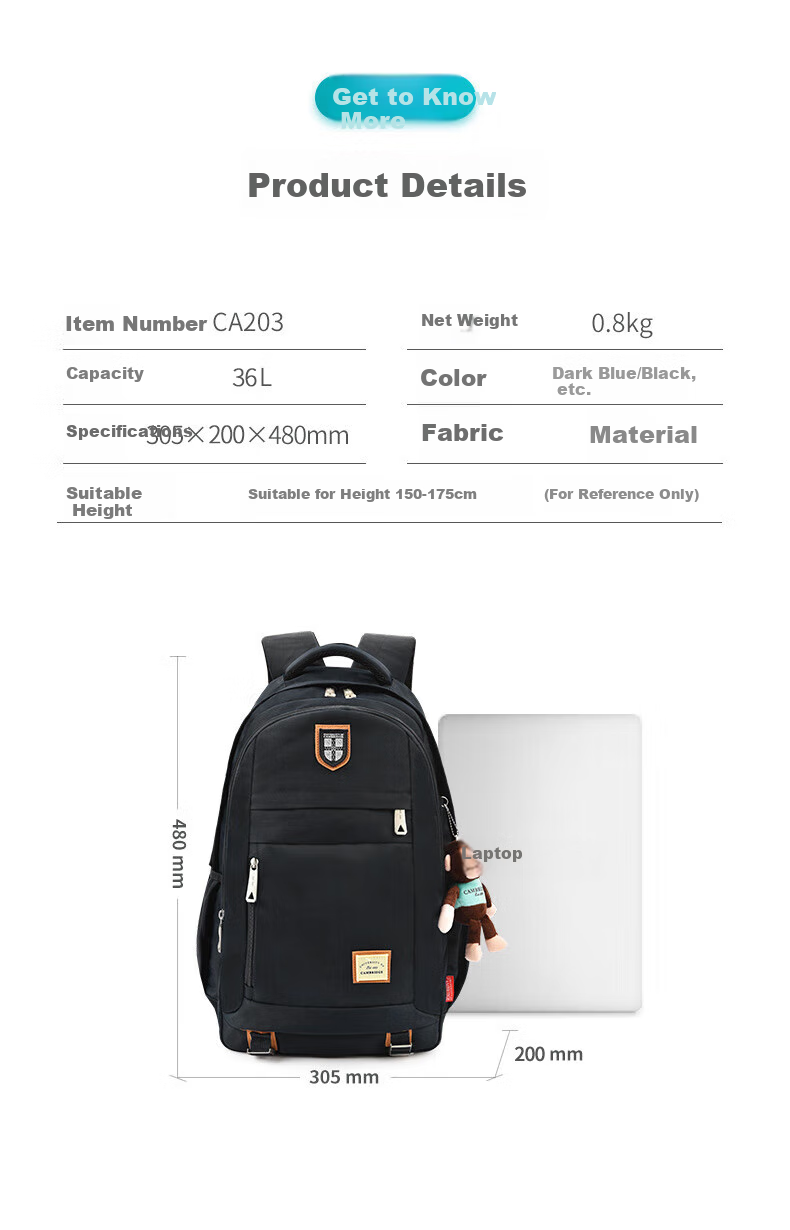 UNIVERSITY OF CAMBRIDGE Large Capacity Middle School Backpack for Boys And Girls, Multifunctional High School Backpack CA203 Black 9