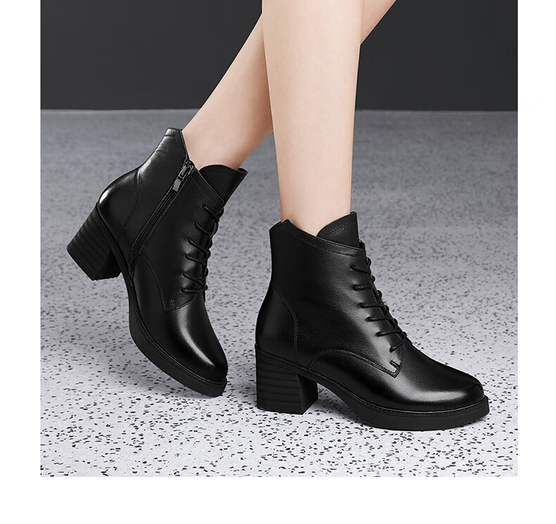 FUGUINIAO Genuine Leather Cowhide Fashion Boots for Women Autumn Winter Fleece Lined Warm Short Boots Round Toe Chunky High Heels Short Plush Size 39 2