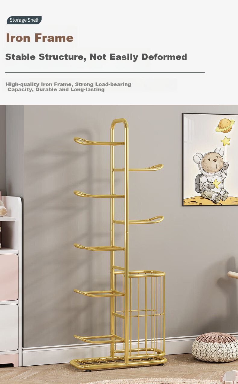WoJia Basketball Hoop Storage Rack Floor Standing Organizer Home Living Room Toy and Ball Storage Rack Gold 4