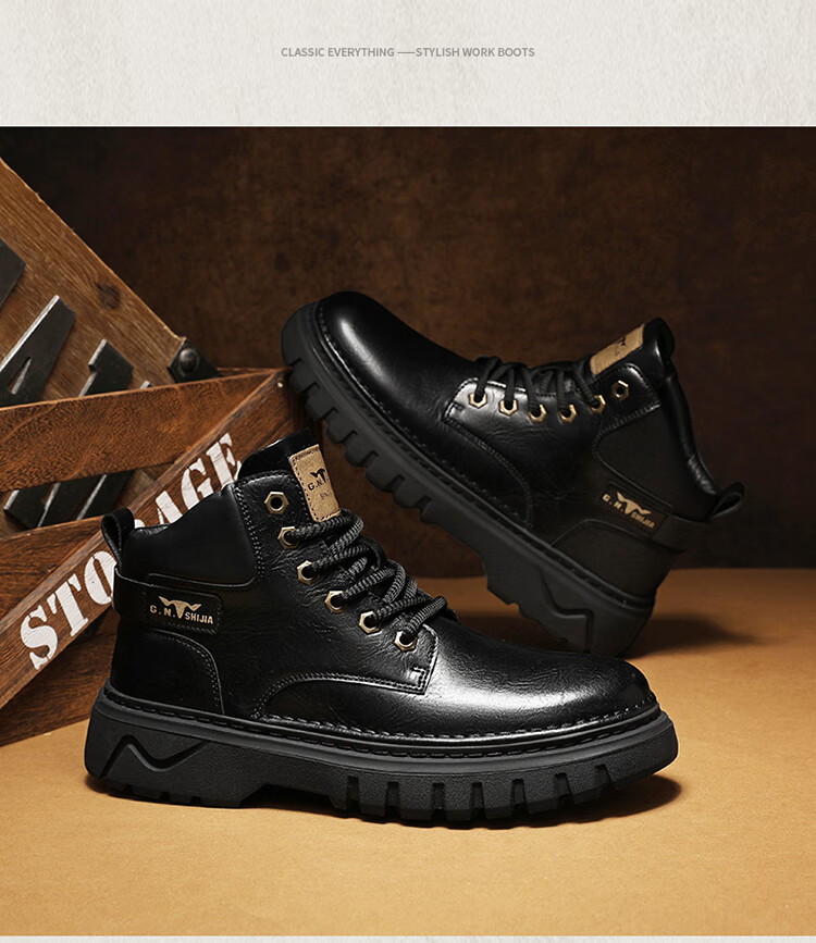 Bull Family Autumn Winter New Martin Boots Men's Outdoor Trendy Work Boots Versatile Retro Mid-High Lace-Up Boots for Men 14