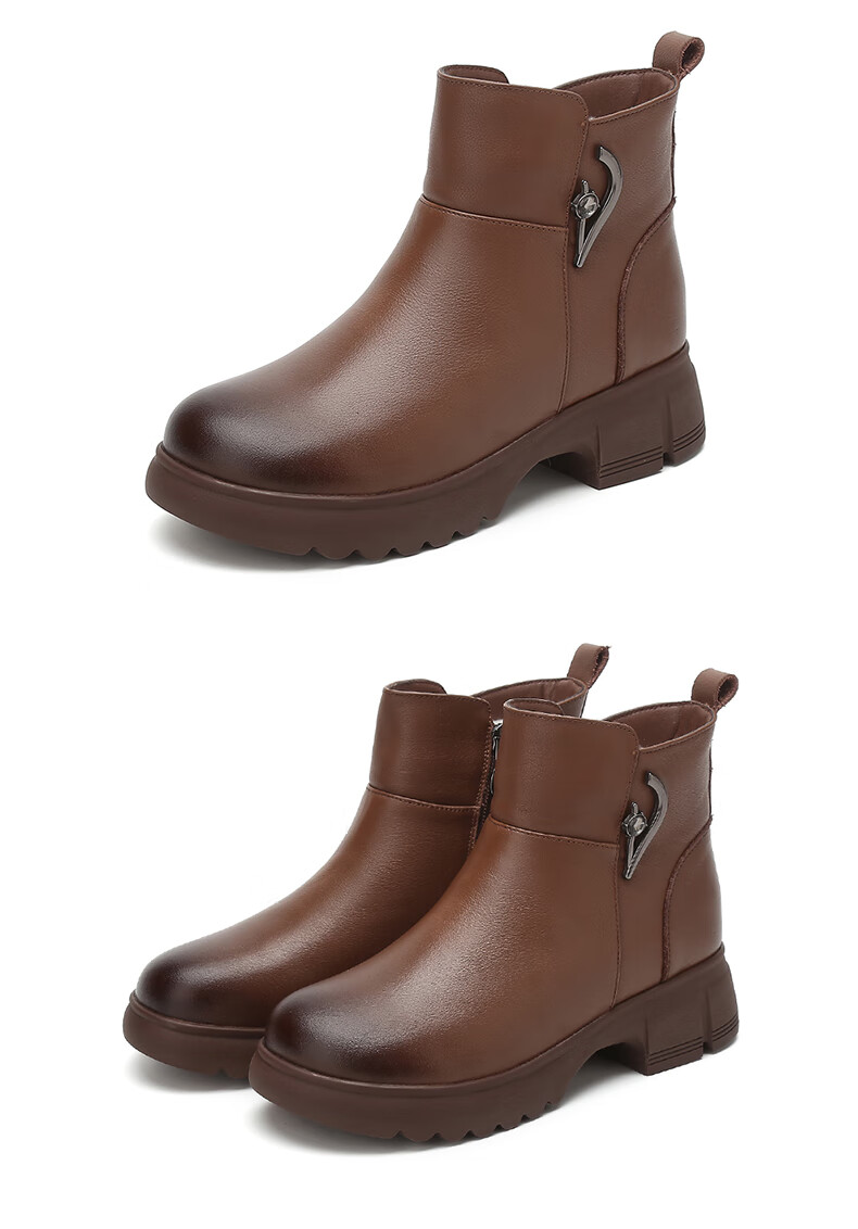 FUGUINIAO Ultra Thick Fleece-Lined Genuine Leather Cowhide Short Boots for Women Autumn Winter Warm Cold-Resistant Metal Decor Elegant Women's Boots Brown Size 36 14