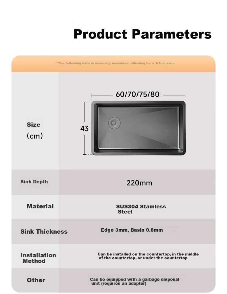Yuhongfeiyu Large Single Sink, Kitchen Handmade 304 Stainless Steel Multifunctional Embossed Vegetable Washing Basin, Integrated Sink, Undermount Sink 40